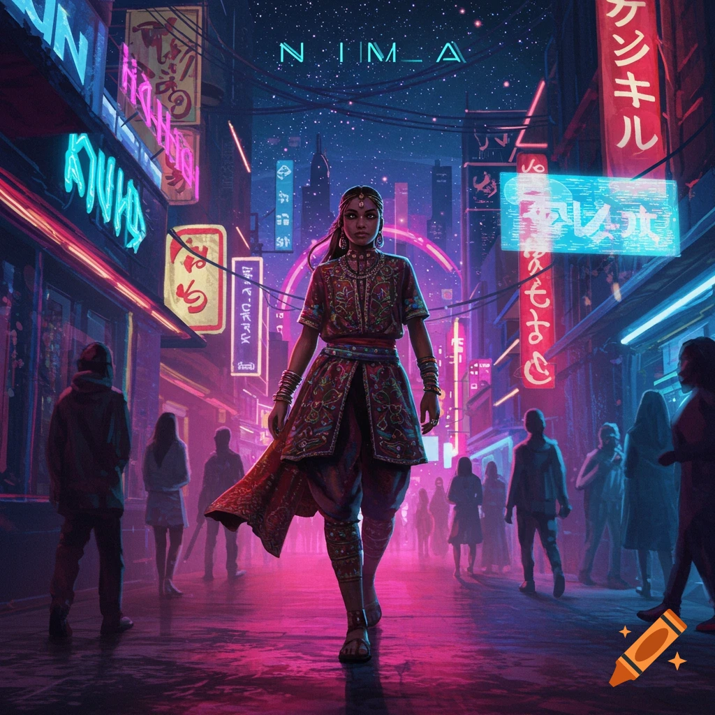 A woman named Nima in ornate attire walks confidently down a neon-lit cyberpunk street at night, with blurred figures and glowing signs in the background.