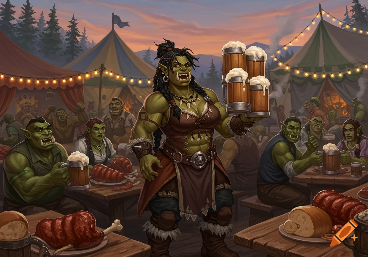 A muscular female orc beermaiden serves beer to celebrating orcs at a fantasy Orctoberfest festival with tents, food, and string lights.