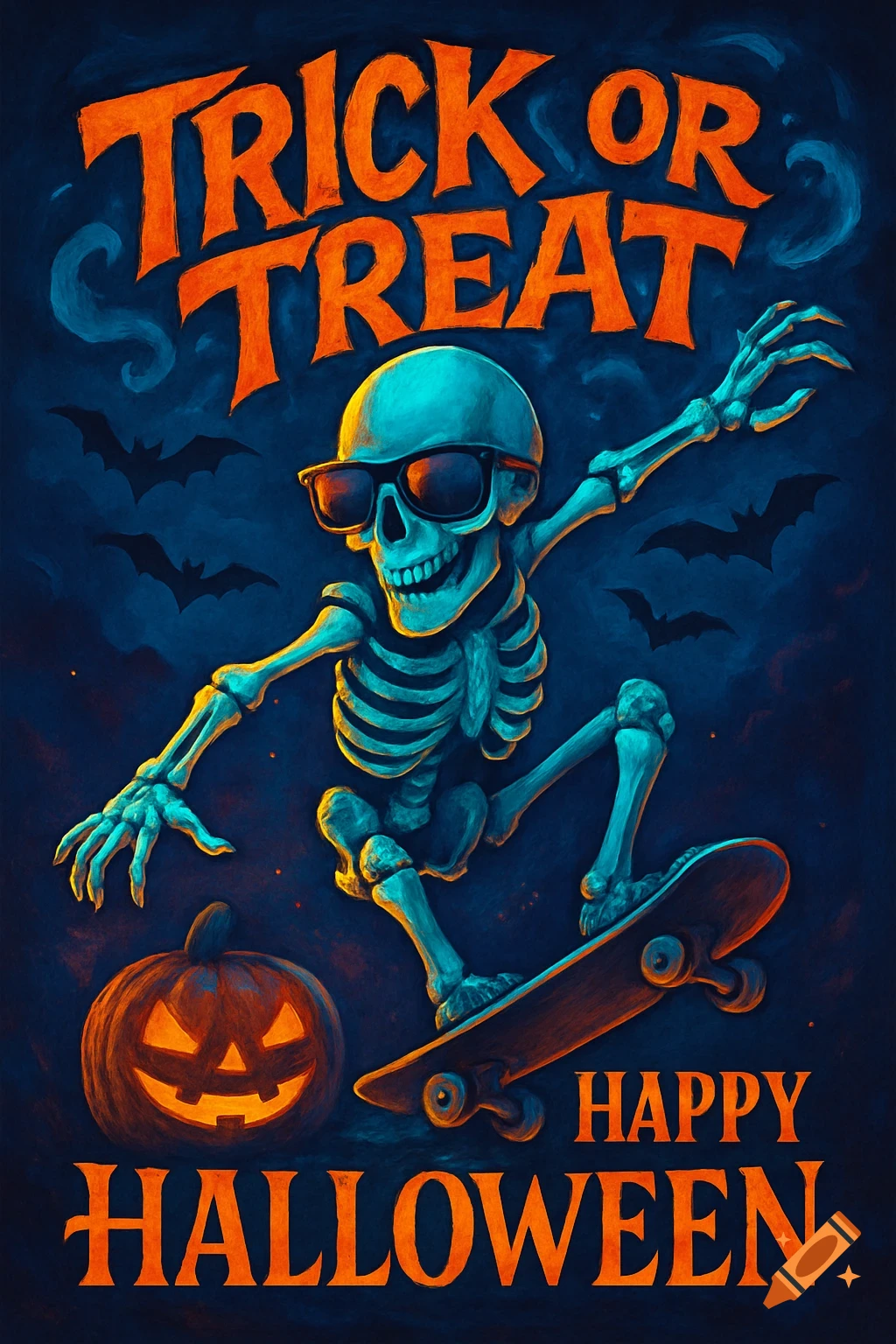 A cool illustration of a skeleton in sunglasses skateboarding with a pumpkin, bats, and "Trick or Treat Happy Halloween" text.