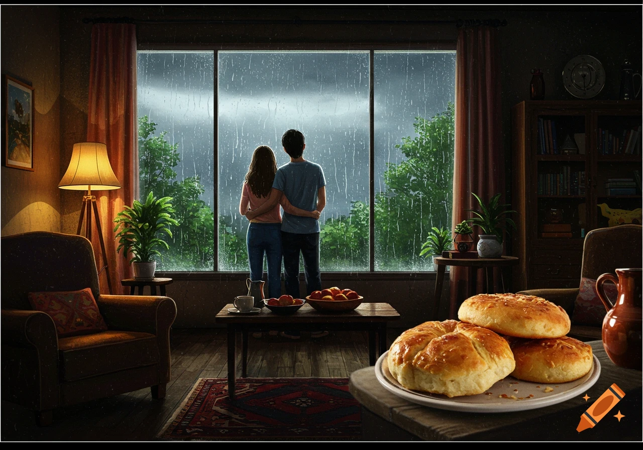 A couple from behind looks out a large window at heavy rain, embracing in a cozy, dimly lit room with pastries, fruit, and plants.