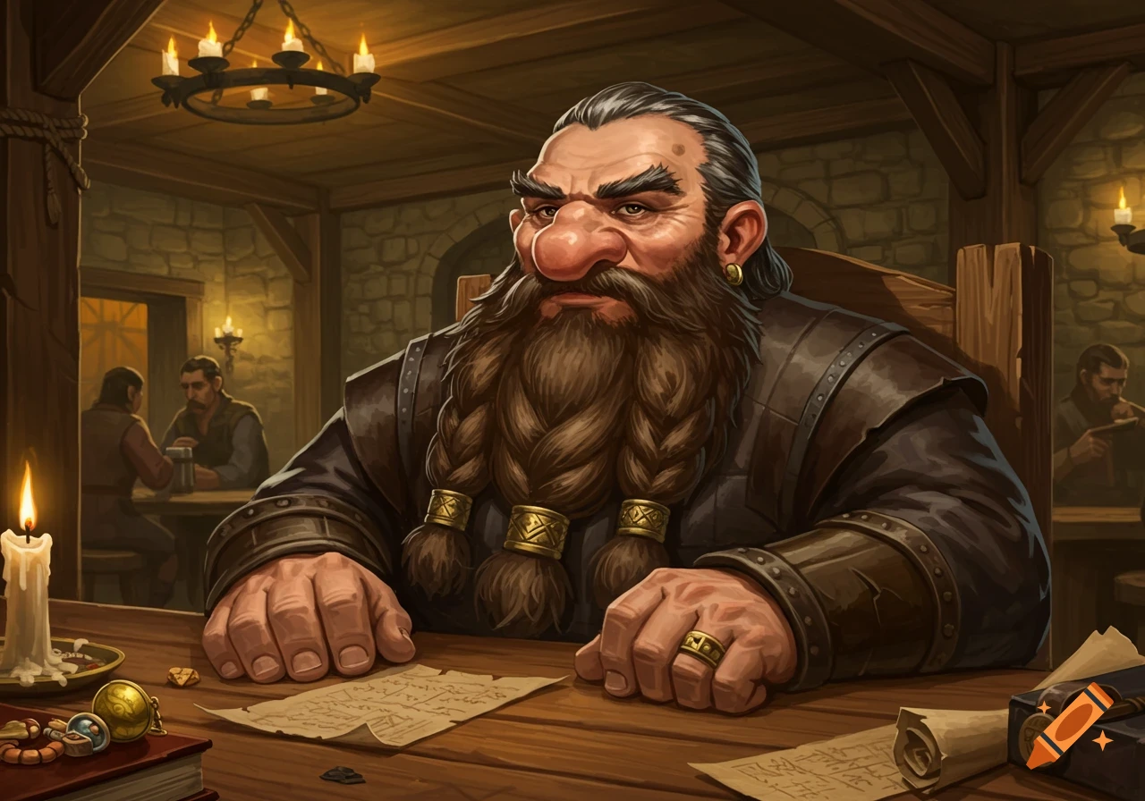 A serious-looking dwarf with a large nose and braided beard sits at a wooden table in a dimly lit tavern, looking at papers.