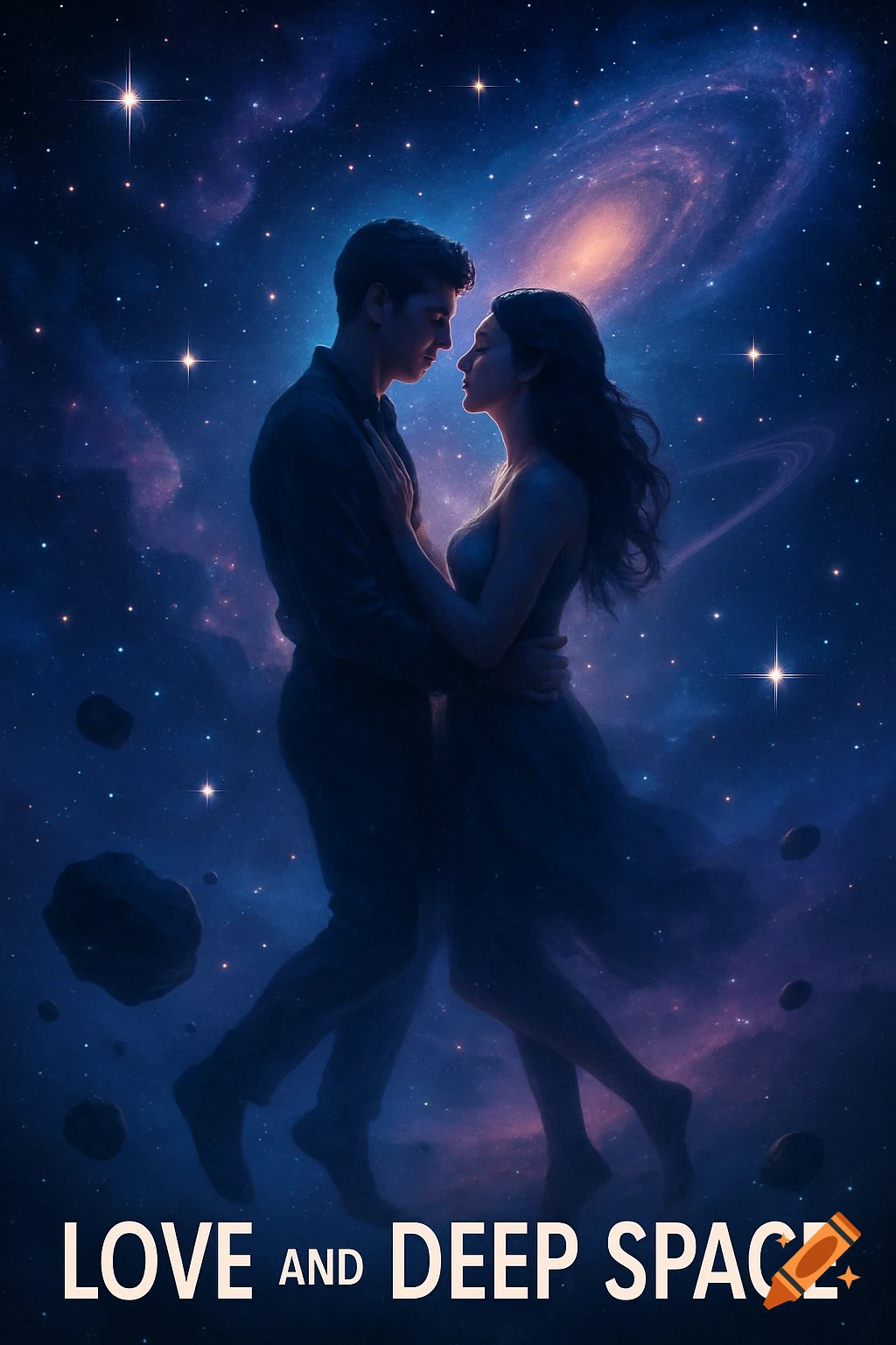 A couple embraces in a vibrant, starry deep space scene with nebulae and floating rocks. Text reads 'LOVE and DEEP SPACE'.