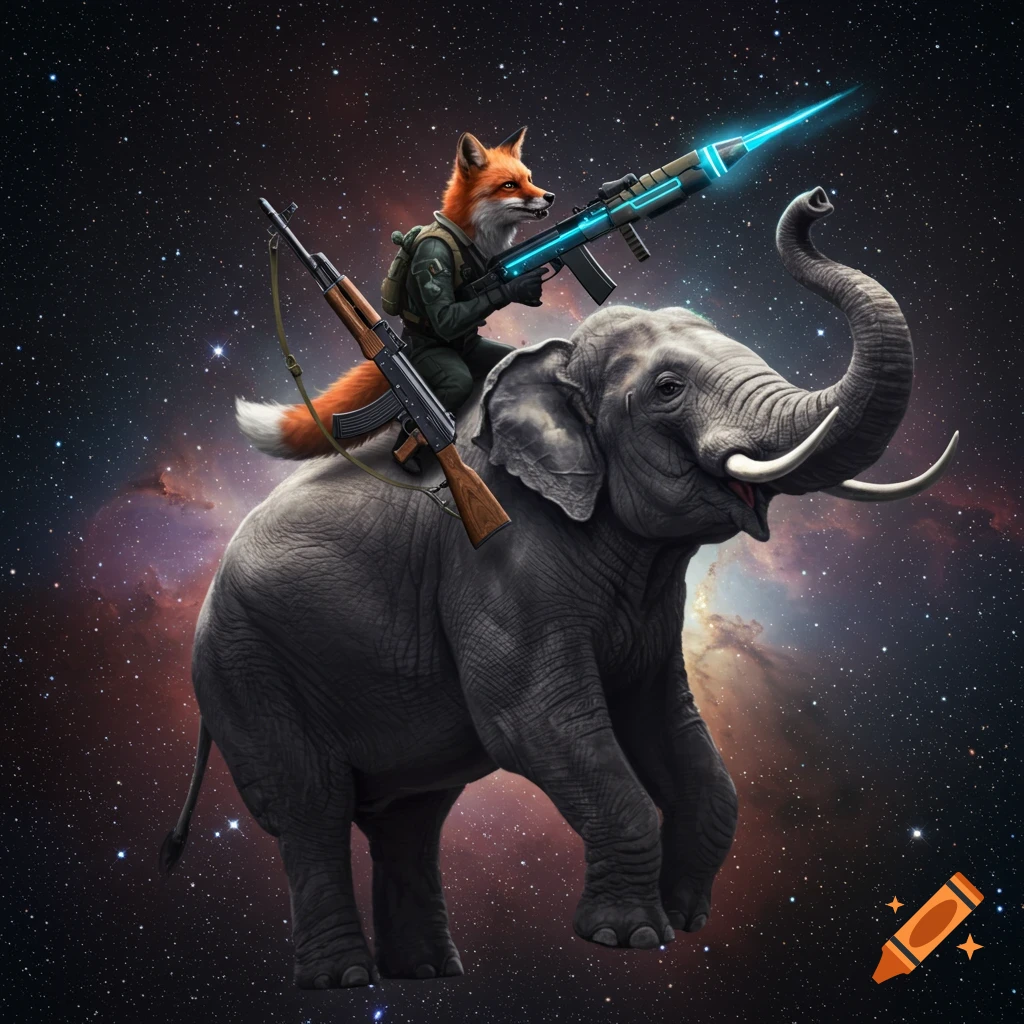 A red fox in military gear rides a large elephant through the starry cosmos. The fox wields a glowing sci-fi rifle, the elephant carries another rifle.