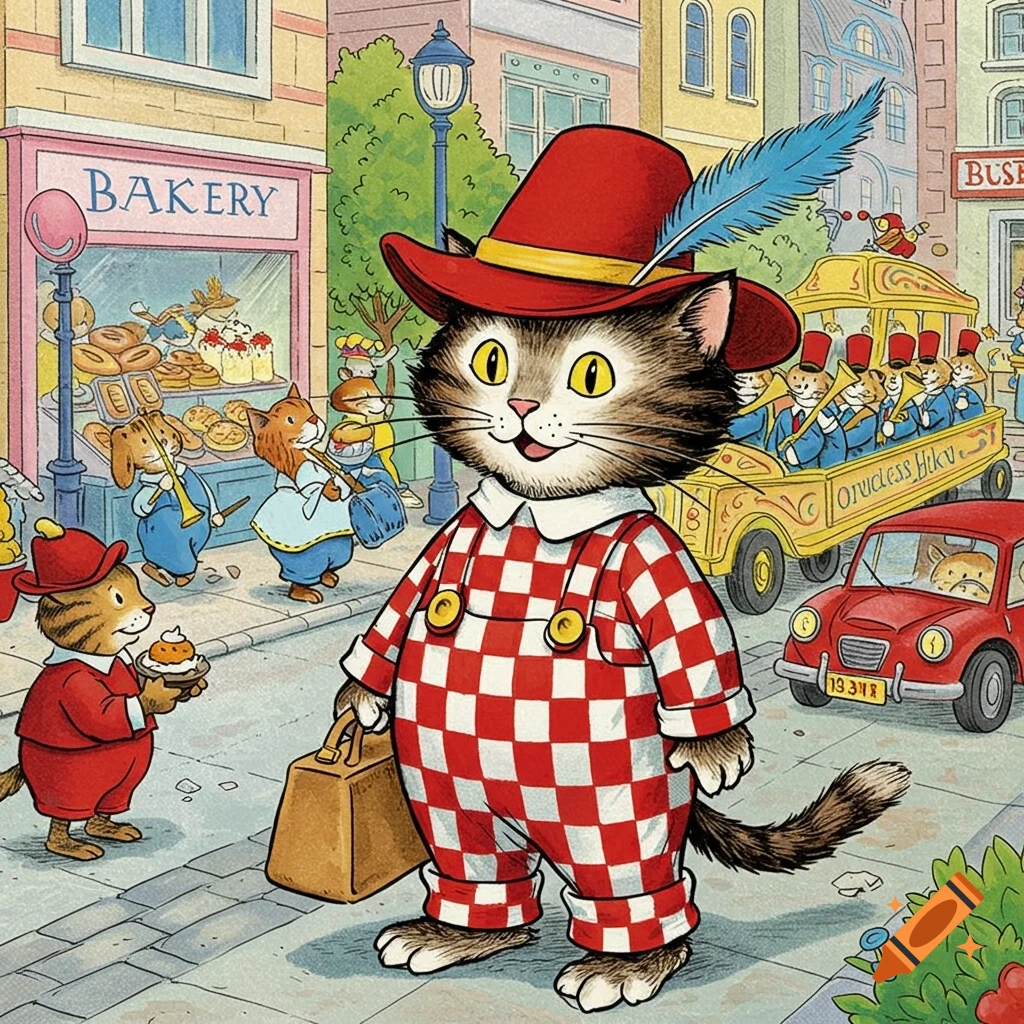 A whimsical illustration of an anthropomorphic cat in red and white checkered overalls and a red hat, holding a bag, on a street in front of a bakery.