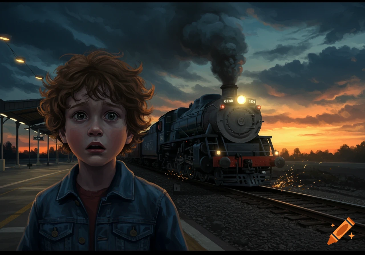 A boy with curly hair looks scared at a steam train approaching a platform at sunset in a dramatic art style.