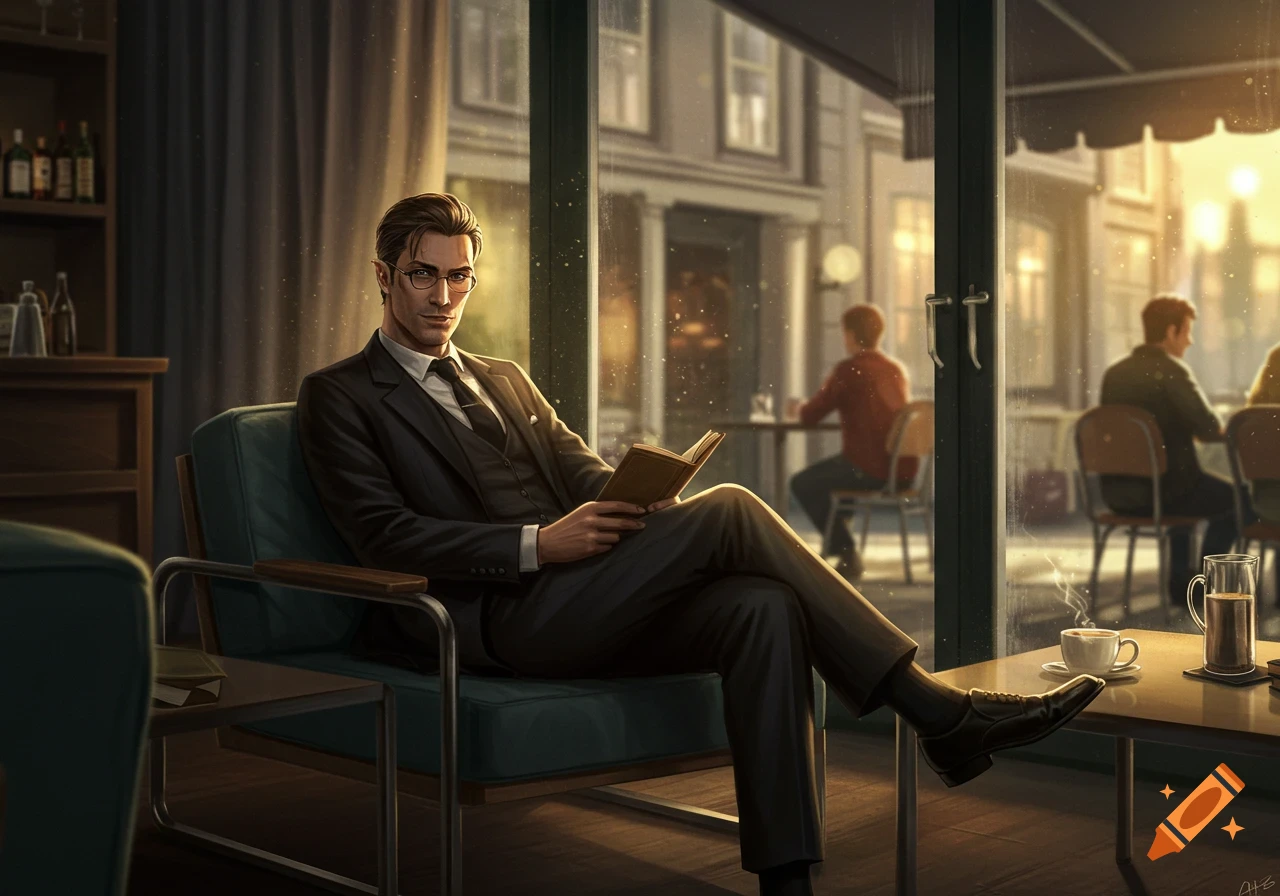 Illustrated man in a dark suit and glasses reading a book in a sunlit cafe, looking towards the viewer.