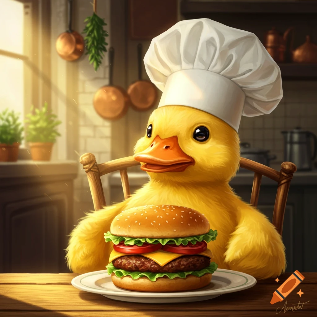 A cute yellow duck wearing a chef's hat sits at a wooden table in a sunlit kitchen, looking at a double-patty burger on a plate.