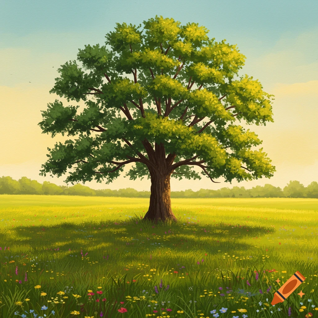 Vibrant illustration of a large green tree in a sunlit field with colorful wildflowers under a clear sky.
