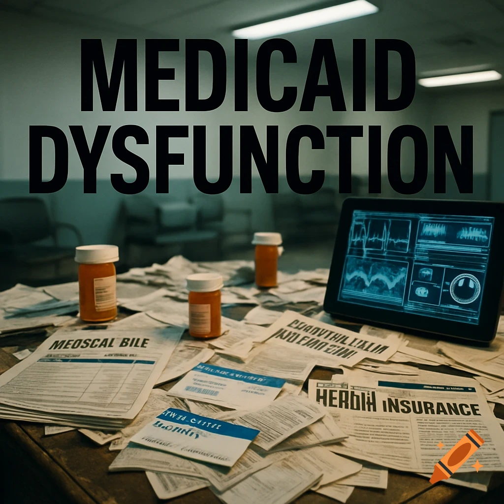 A messy desk covered with scattered documents, pill bottles, and a tablet displaying data, with the words "MEDICAID DYSFUNCTION" overlaying the image. Photorealistic style.