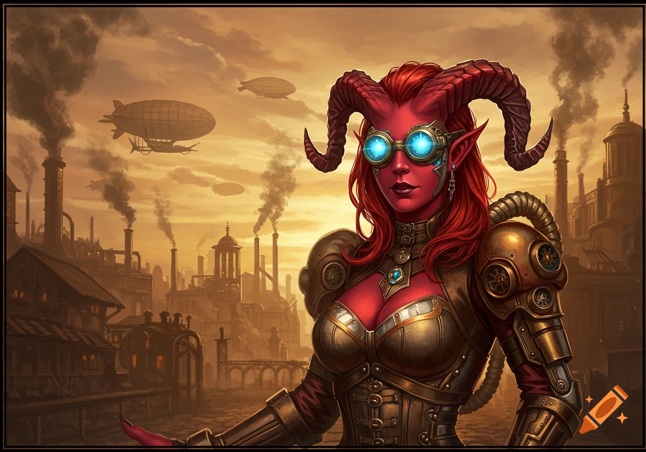 Red-skinned tiefling woman in glowing steampunk goggles and ornate armor, standing before a smoky industrial city with airships at sunset.