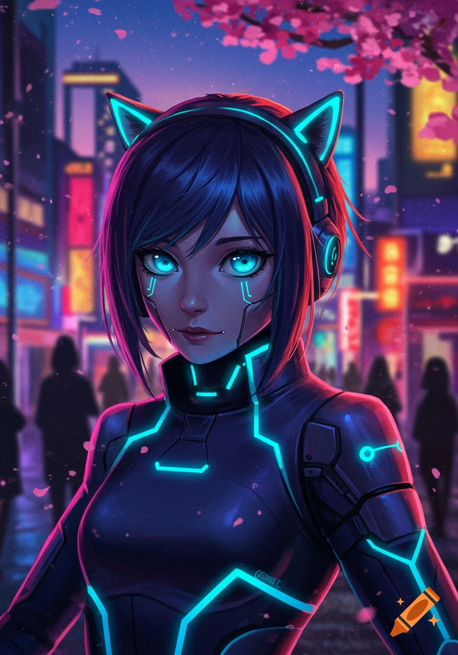 An anime cyberpunk girl with glowing blue eyes, cat-ear headphones, and a neon-lit suit stands on a futuristic city street at night.