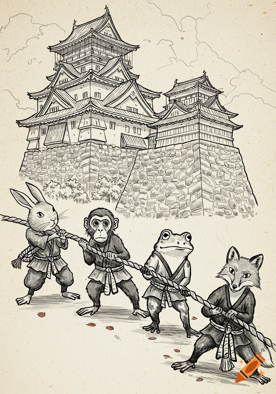 A rabbit, monkey, frog, and fox in traditional Japanese attire play tug-of-war with a rope, in front of a large Japanese castle, in a monochrome, ink painting style.