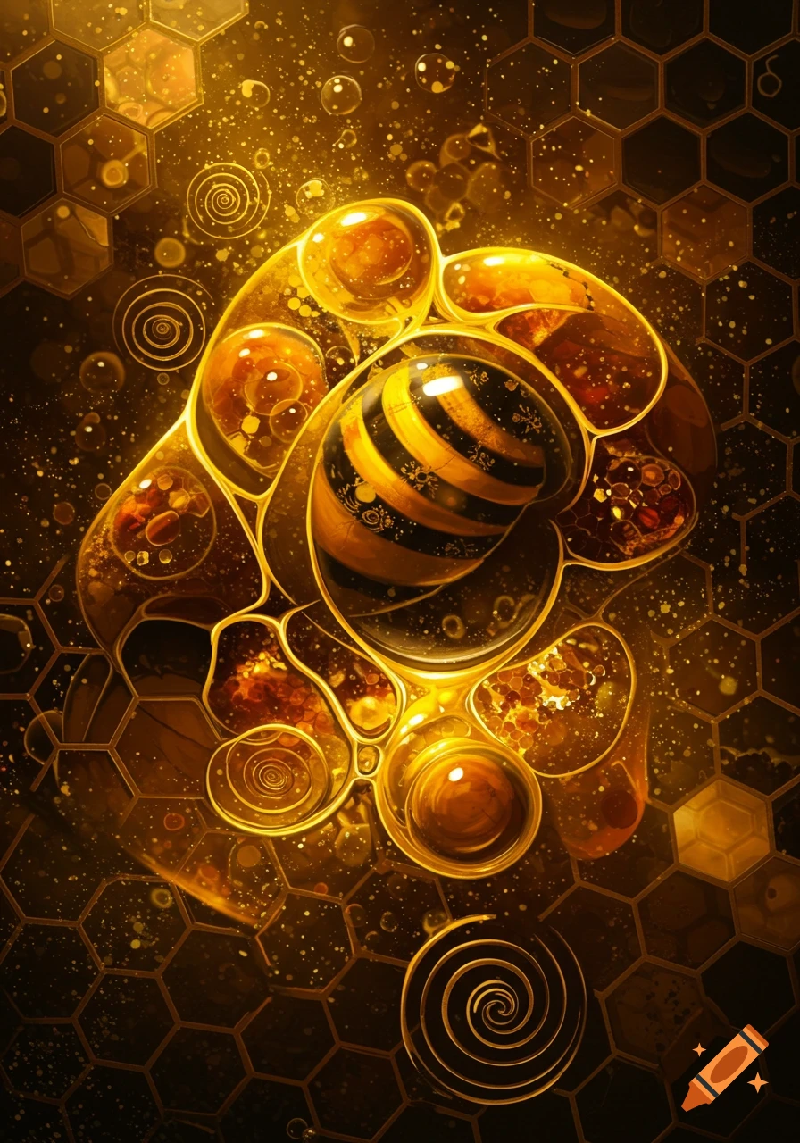 Abstract golden bee-like orb within glowing honeycombs and liquid bubbles on a dark background.