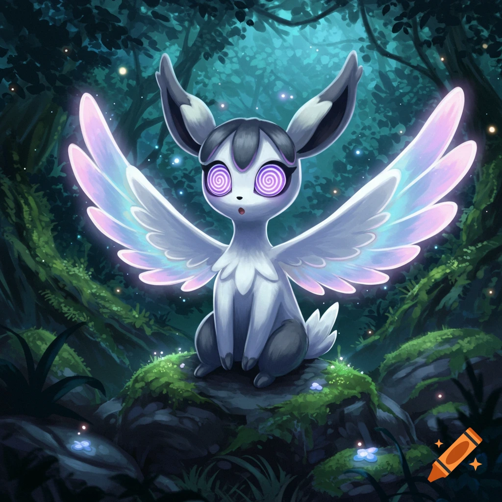 A cute, white, winged creature with hypnotic purple eyes sits on a mossy rock in a dark, magical forest.