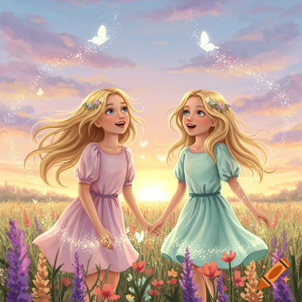 Two smiling blonde girls in colorful dresses hold hands in a field of flowers under a magical sunset sky, with glowing butterflies and sparkles. Illustration.
