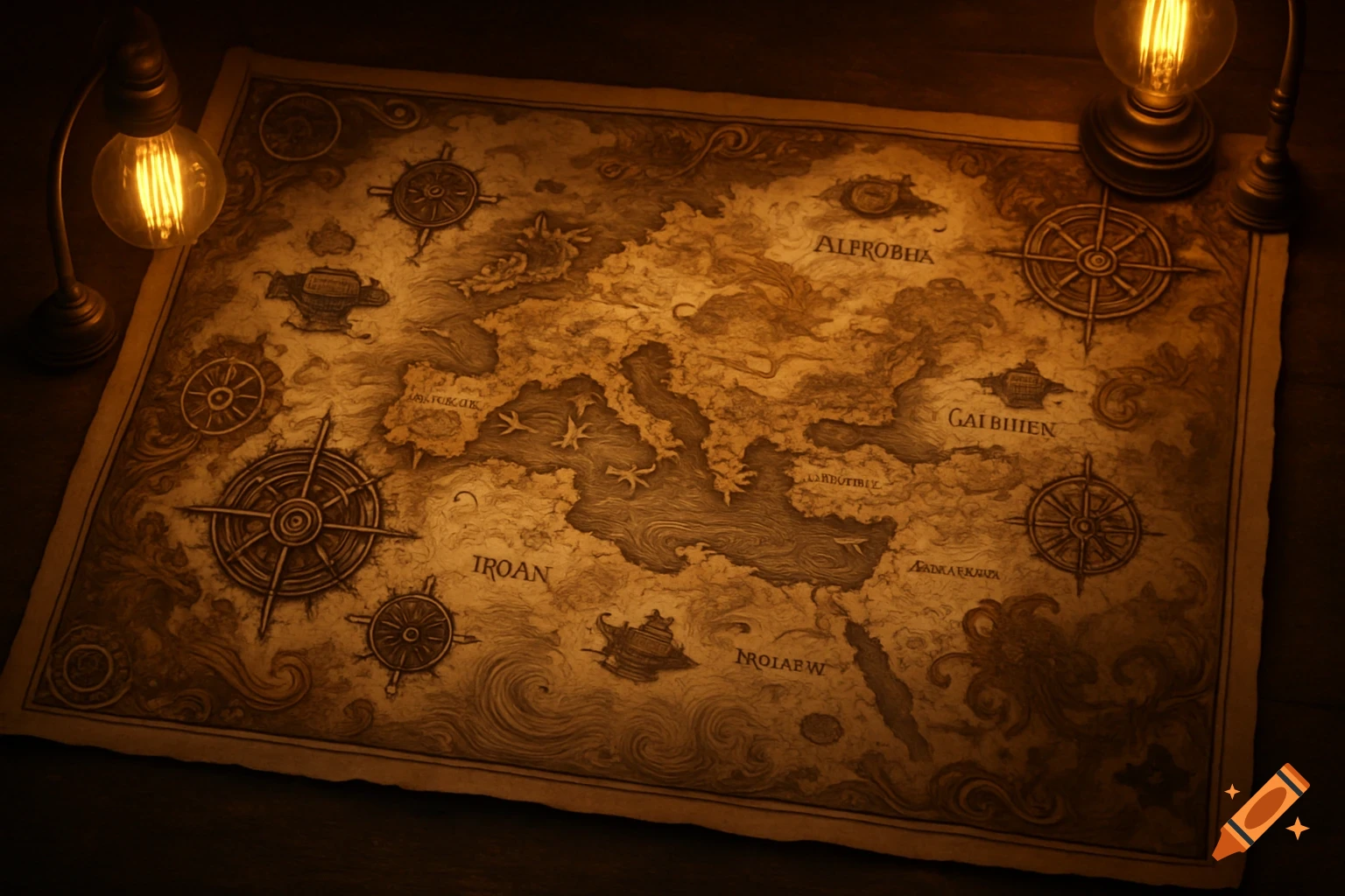 An old, sepia-toned steampunk-style fantasy map, illuminated by two glowing Edison bulbs on a dark wooden table.