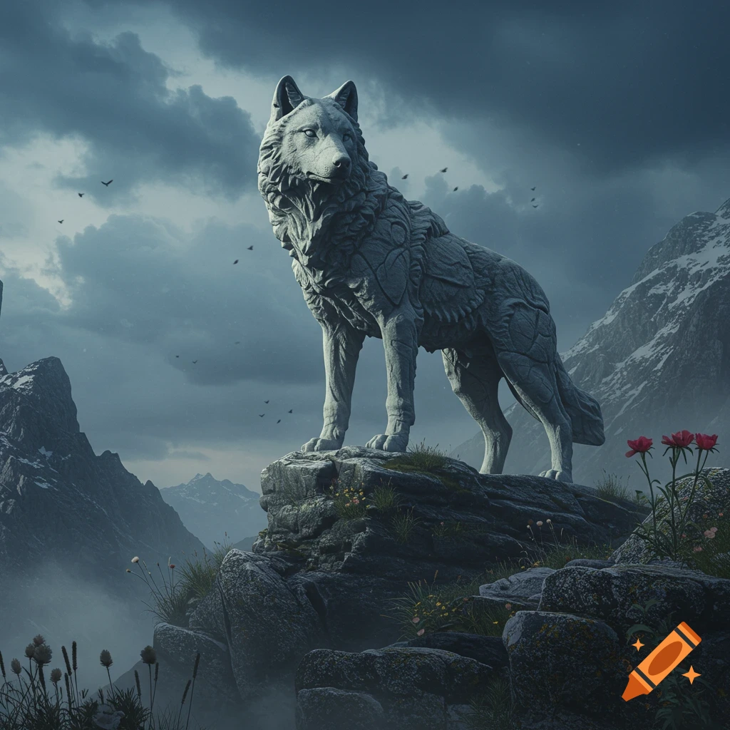 A majestic stone wolf statue stands on a rocky mountain peak under a dramatic, cloudy sky, with snowy mountains in the background.
