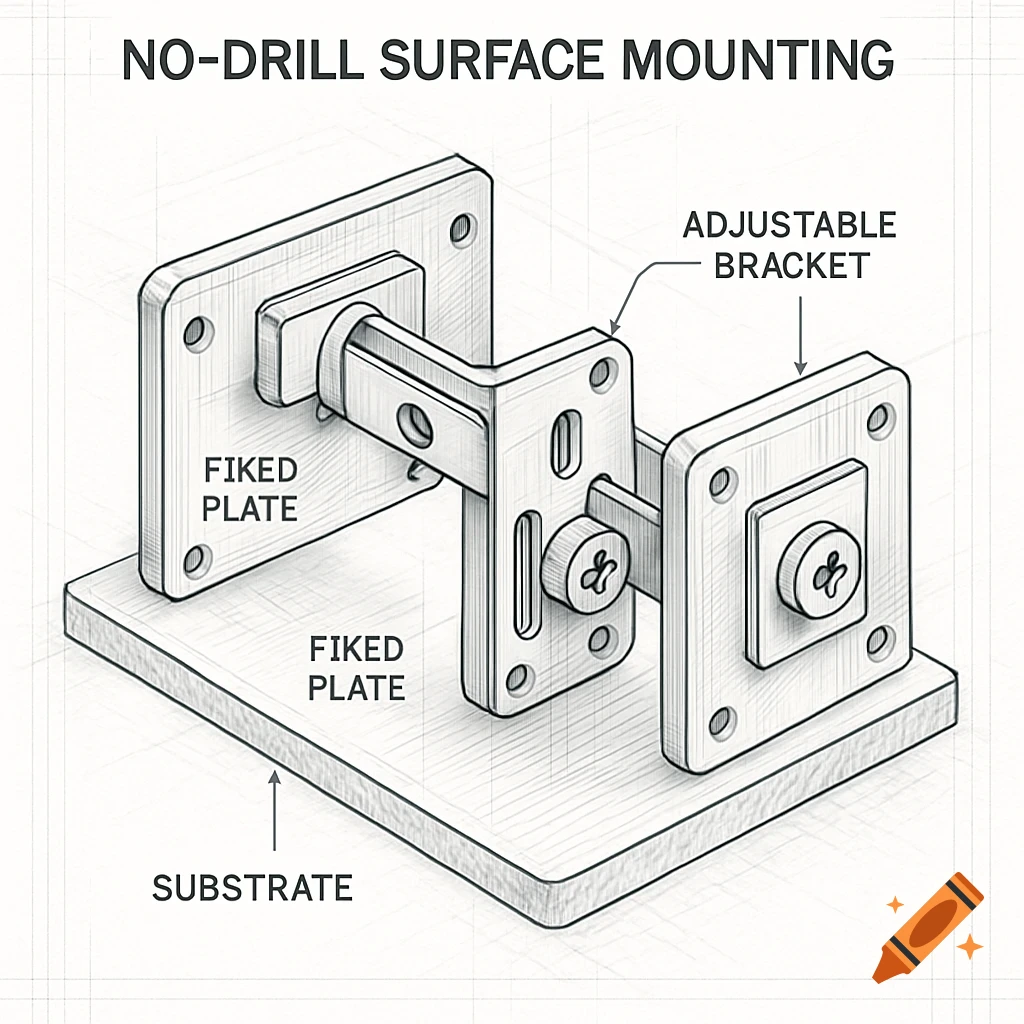 Technical schematic of a no-drill surface mounting bracket assembly with labeled fixed plates, adjustable bracket, and substrate.