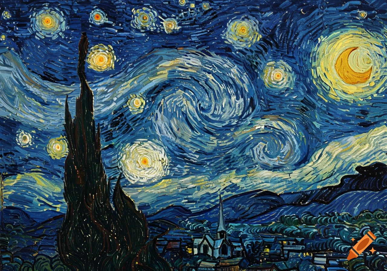 A vibrant painting in Van Gogh's style depicting a swirling starry night sky over a village with a prominent dark cypress tree.
