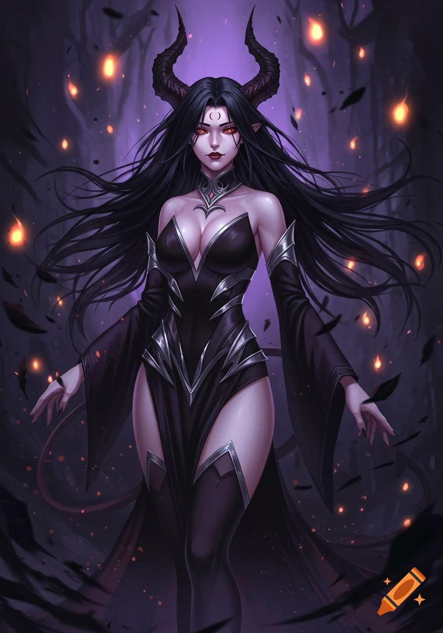 Beautiful female demon with long black hair, horns, and red eyes, wearing a dark dress in a mystical purple forest.