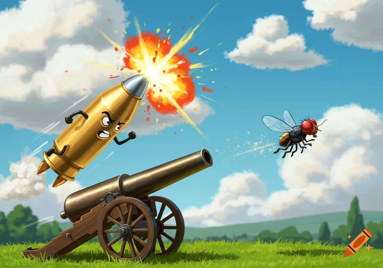 A whimsical cartoon bullet with a face and arms fires from a cannon, chasing a fly across a sunny, grassy field.