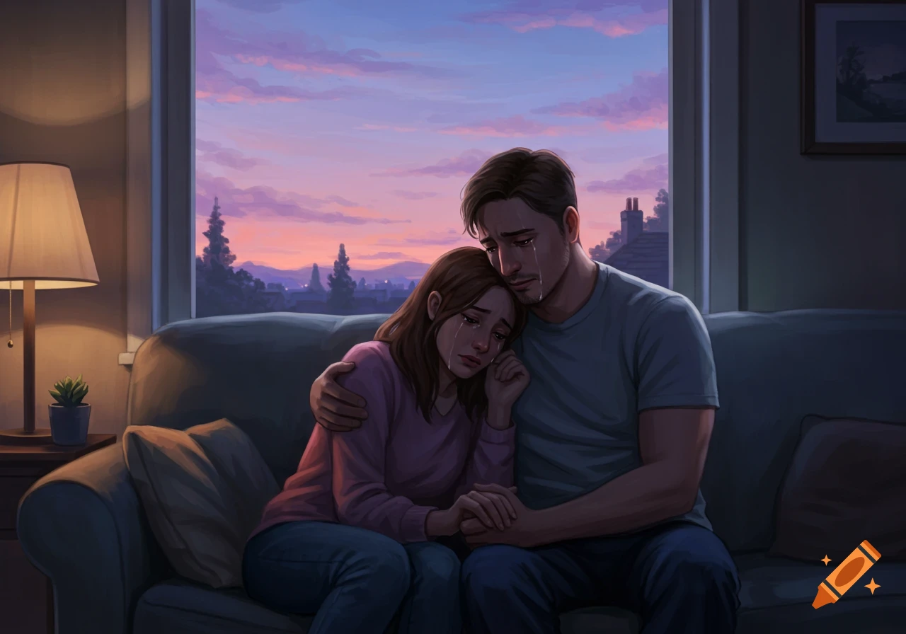 An emotional illustration of a man embracing and comforting a crying woman on a couch as a sunset glows outside the window.