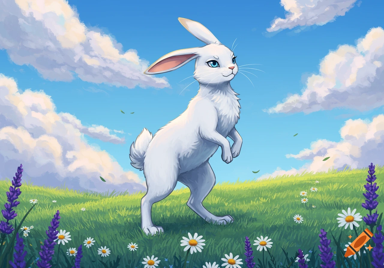 A white cartoon rabbit with blue eyes stands upright in a green field with daisies and lavender under a blue sky with fluffy clouds.