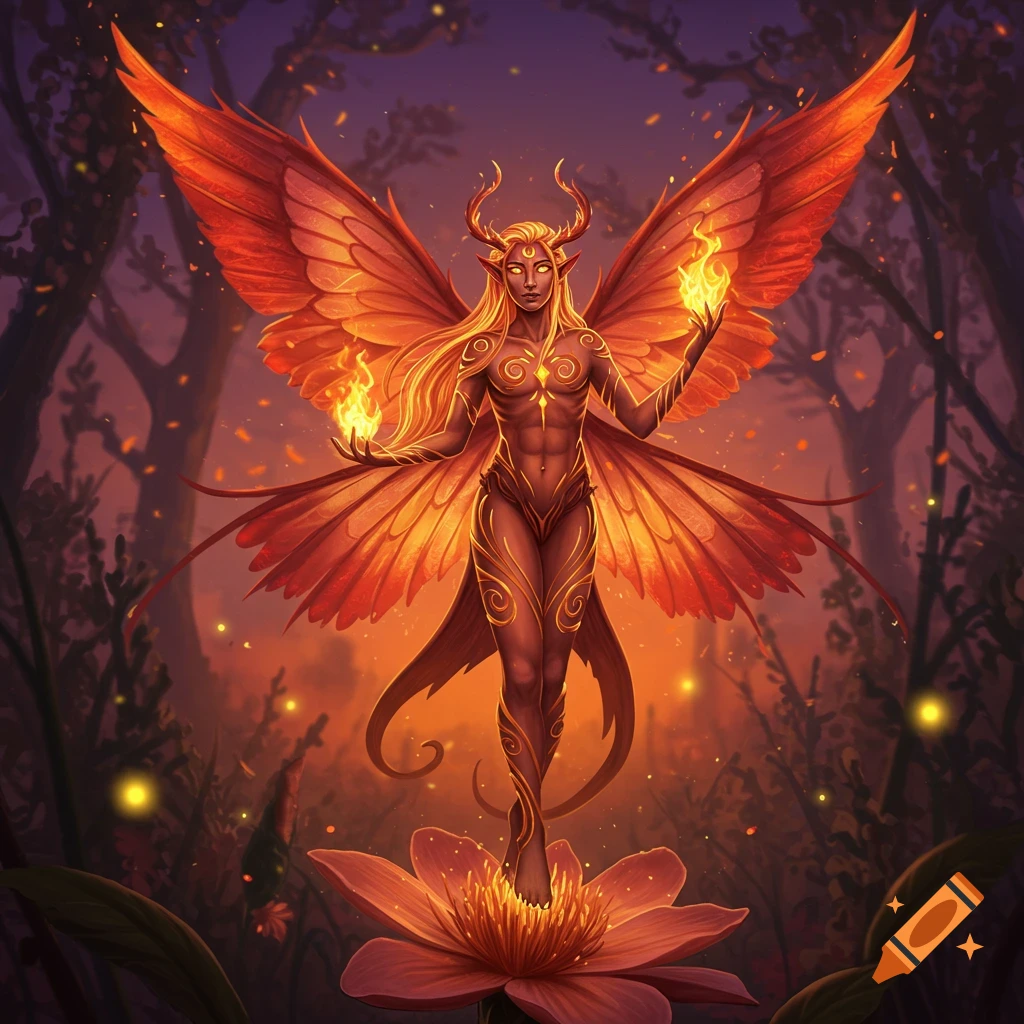 A horned, winged fairy creature with fiery orange wings and glowing patterns stands on a large flower, holding fire in its hands in a mystical forest.