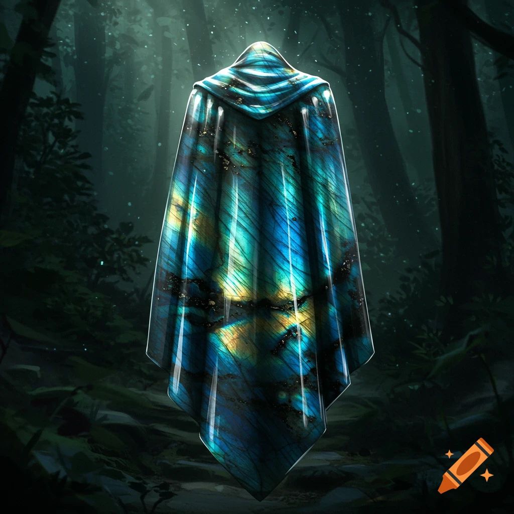 A shimmering, iridescent labradorite cloak, rigid and smooth with blue, green, and gold hues, floats in a dark, mystical forest.