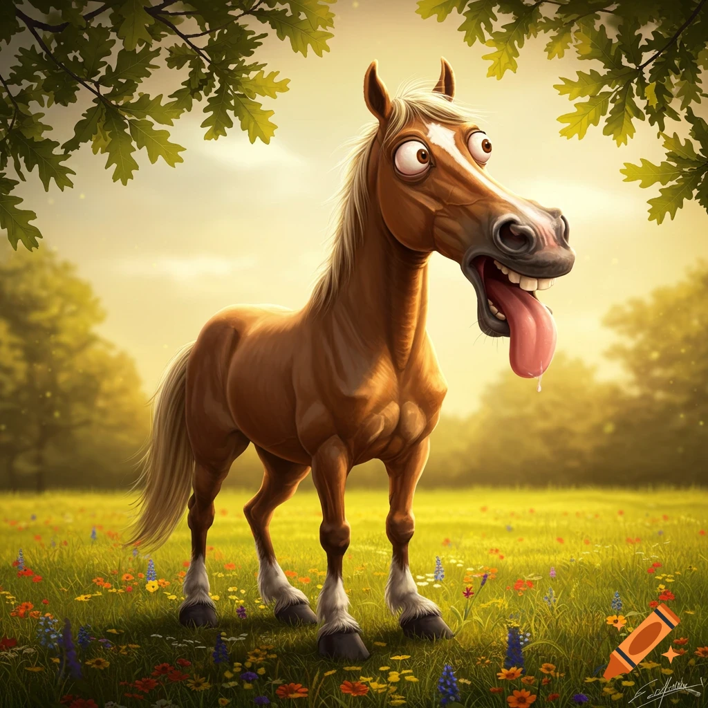 A whimsical cartoon horse with wide eyes, a goofy expression, and a long tongue sticking out stands in a colorful flower-filled meadow.