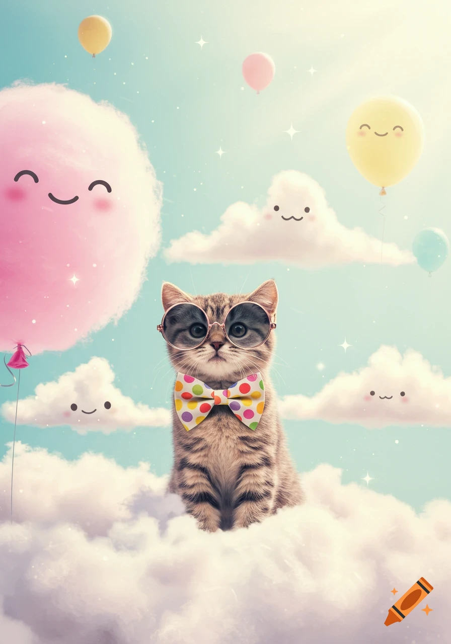 A cute tabby kitten with round glasses and a polka-dot bow tie sits on clouds amidst smiling balloons and cotton candy in a pastel sky.