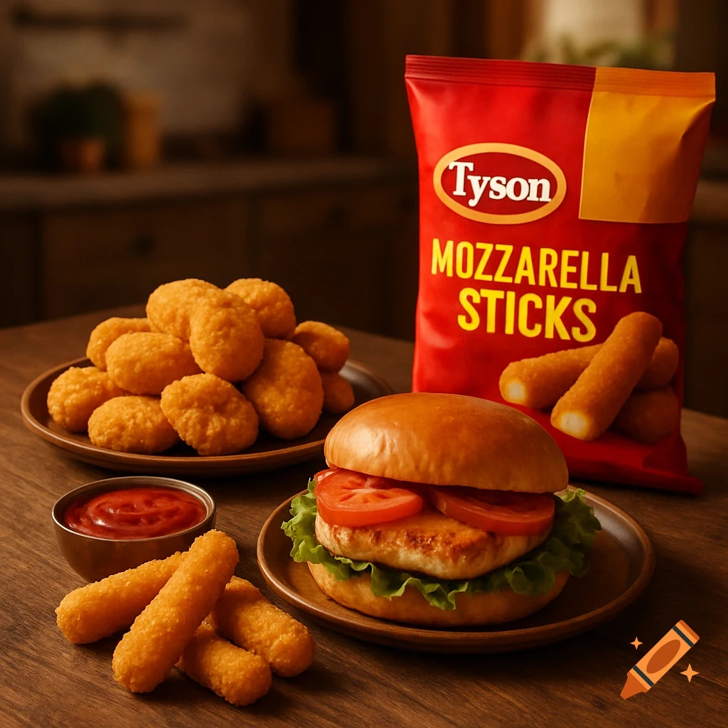 A photorealistic image of a meal with a chicken sandwich, chicken nuggets, mozzarella sticks, ketchup, and a Tyson Mozzarella Sticks bag on a wooden table.