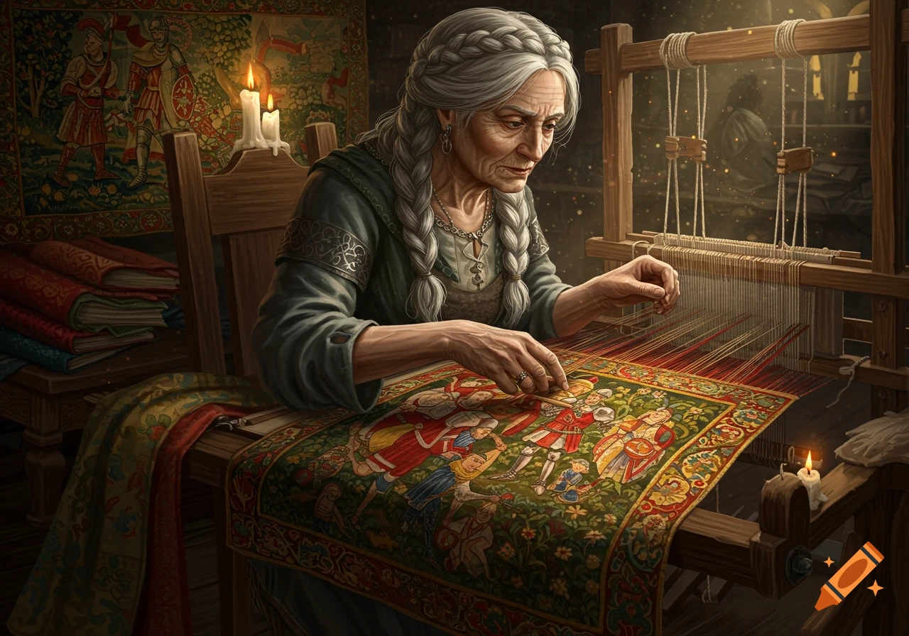 An old medieval woman with braided gray hair intently weaves a vibrant tapestry depicting a story on a loom by candlelight.