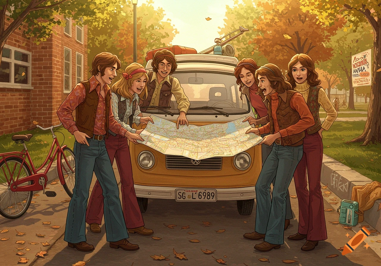 Group of six young adults in 1970s fashion gathered around a yellow van, looking at a map on the hood. A bicycle is nearby. Autumn leaves are on the ground.