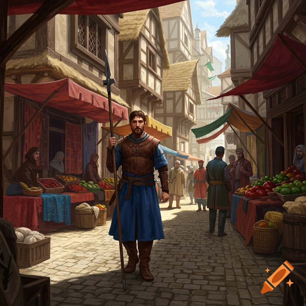 A bearded spearman in leather armor and blue tunic stands in a bustling medieval market street with timber-framed buildings and stalls.