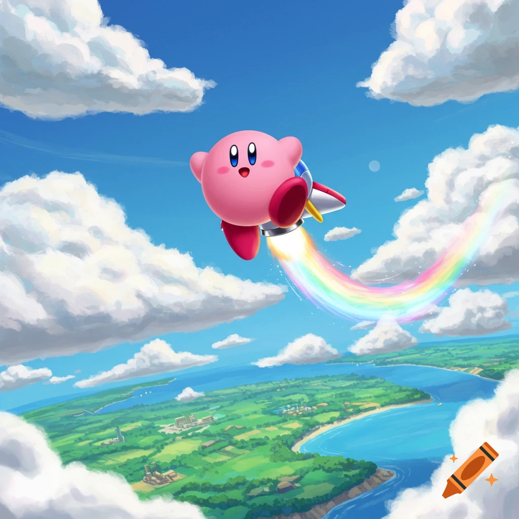 Pink, round Kirby flies with a red jetpack through a blue sky, leaving a rainbow trail over a green landscape.