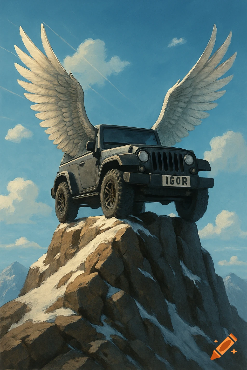 A black Jeep with large white wings sits atop a snowy mountain peak under a bright blue sky. The license plate reads 'IGOR'.
