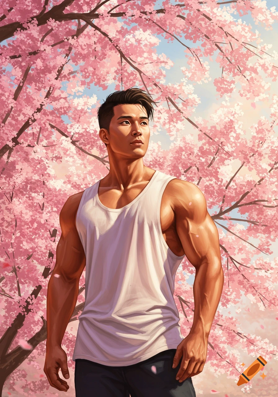 A muscular Asian man in a white tank top stands under vibrant pink cherry blossoms, depicted in a digital art style.