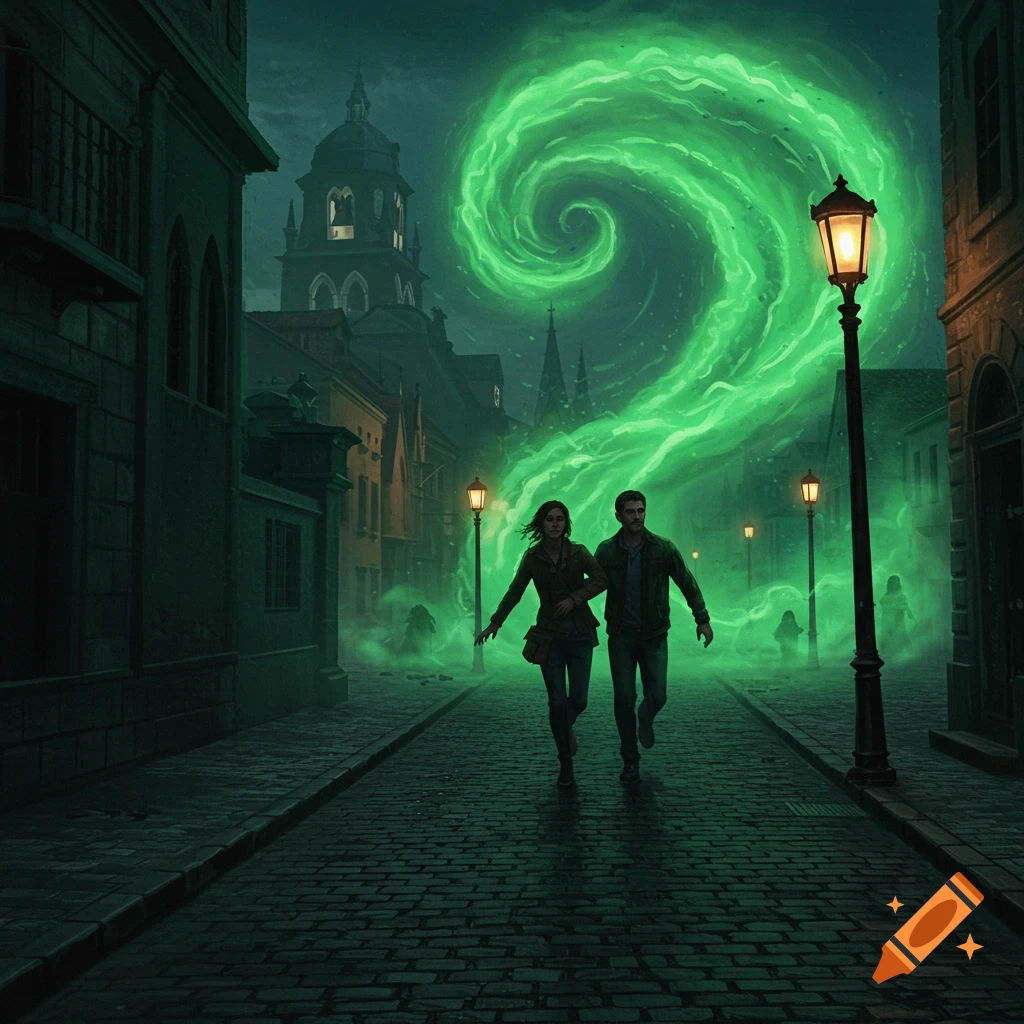 A man and woman flee down a dark, cobblestone street as a swirling green mist envelops a gothic city.