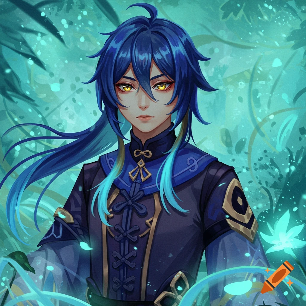 Anime-style character with long blue and cyan hair and yellow eyes, wearing a dark blue and gold outfit, surrounded by teal foliage.