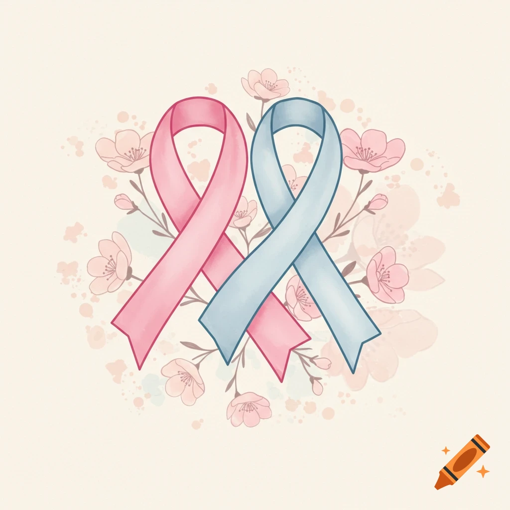 Watercolor illustration of intertwined pink and blue awareness ribbons surrounded by pink cherry blossoms on a light background.