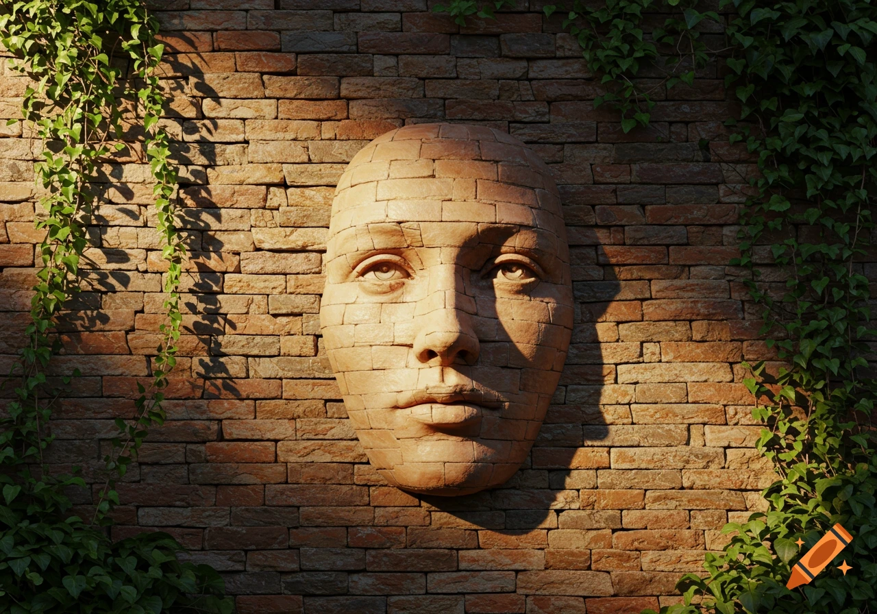 Realistic brick face sculpture on a brick wall with ivy, illuminated by dappled sunlight.