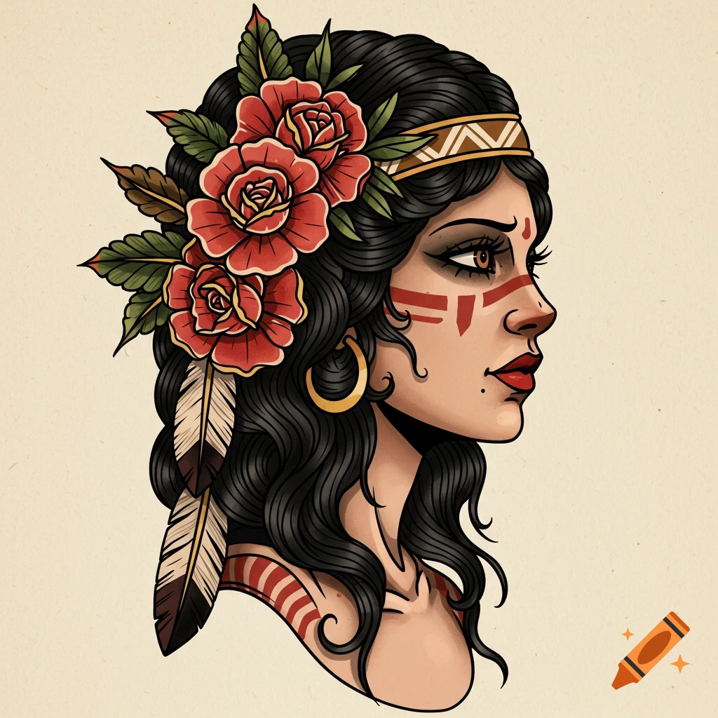 American traditional tattoo illustration of a woman in profile with black hair, a floral headband, and red warpaint.