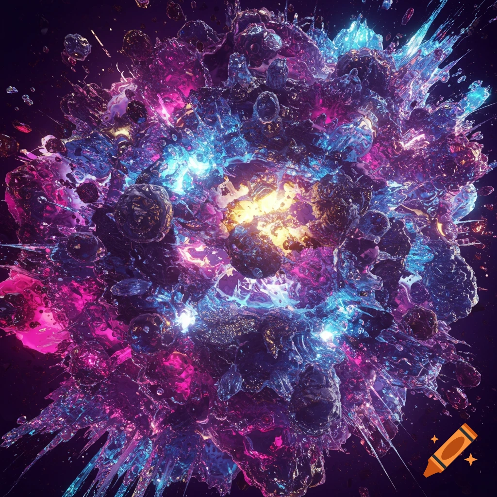 Vibrant abstract explosion of glowing blue, pink, and yellow crystal-like fragments and fluid in space.