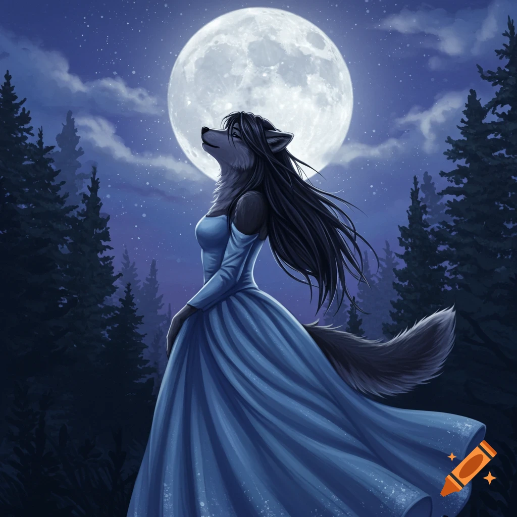 Anthropomorphic female wolf in a blue gown howls at a full moon in a starry night forest, digital illustration.