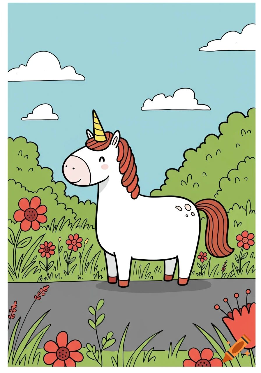 A cute cartoon unicorn with a yellow horn and reddish-brown mane stands in a field of red flowers and green grass under a blue sky with white clouds.
