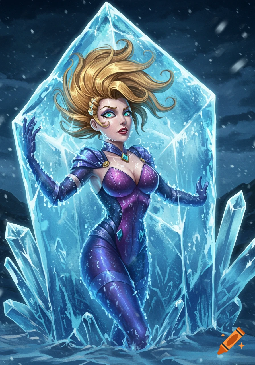 Stylized illustration of a blonde woman in a purple suit, resembling Miss Heed, trapped in a large ice block with snow falling.