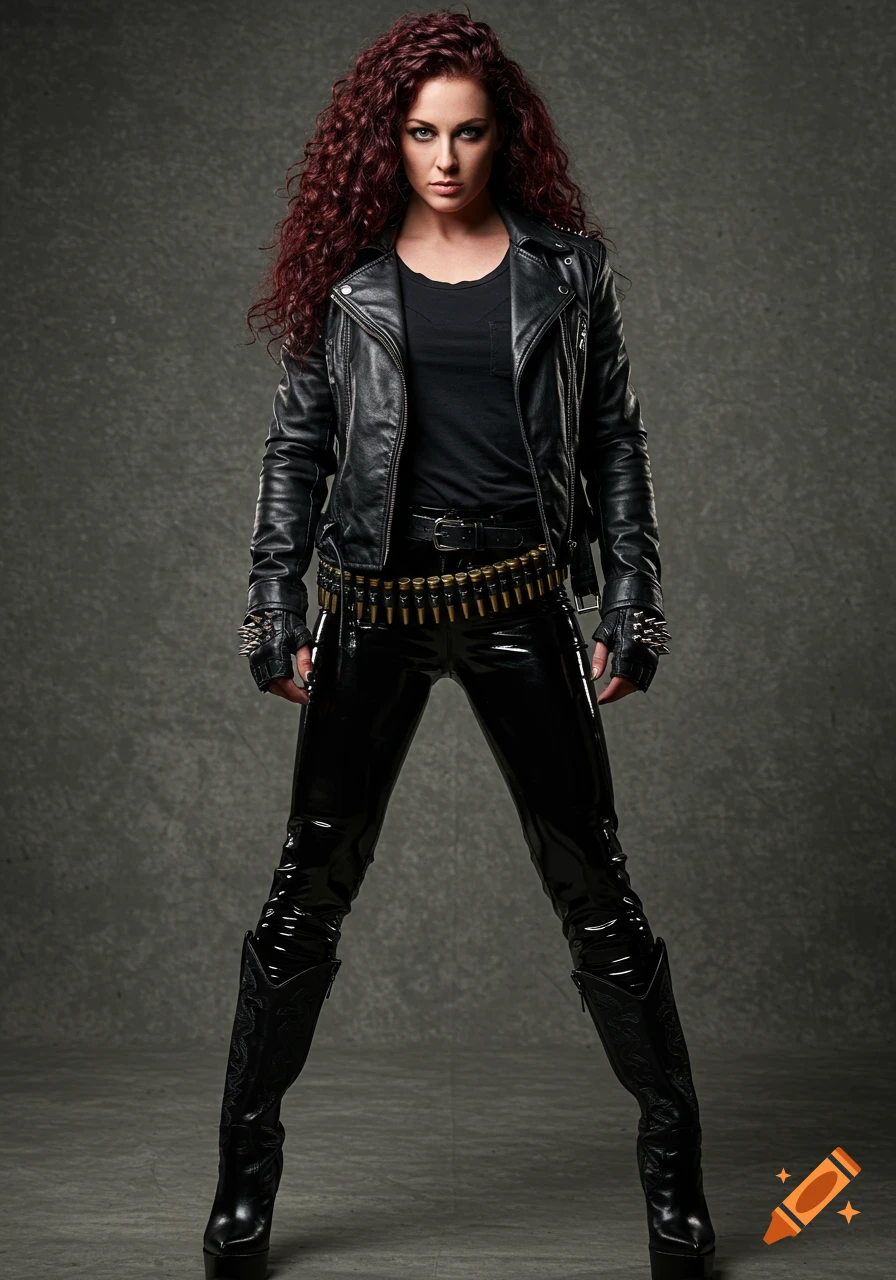 A photorealistic full-view portrait of a woman with red curly hair in a black leather jacket, shiny patent leather pants, and cowgirl boots, posing against a dark gray background.