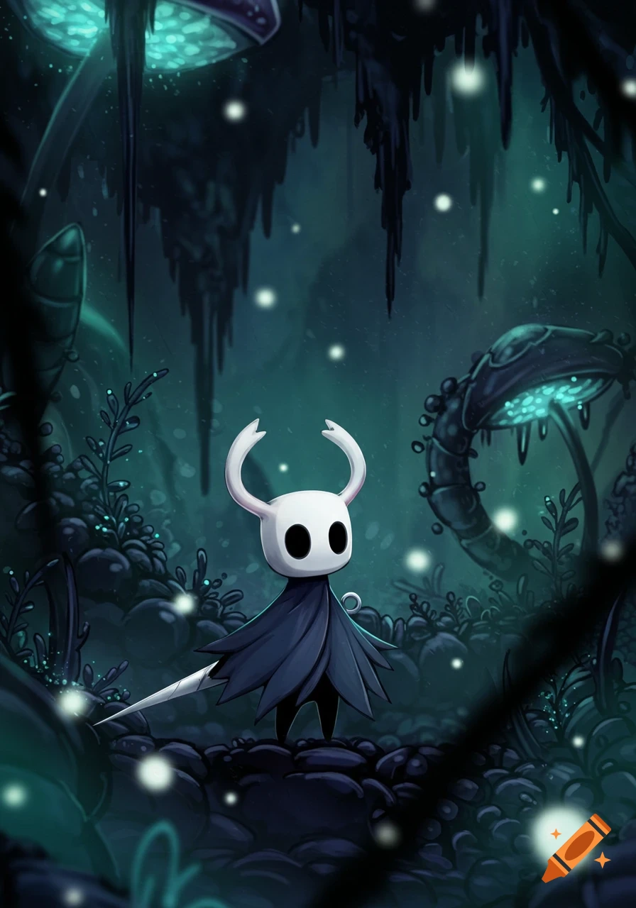 The Hollow Knight character stands in a dark, glowing fantasy forest with teal mushrooms and plants.