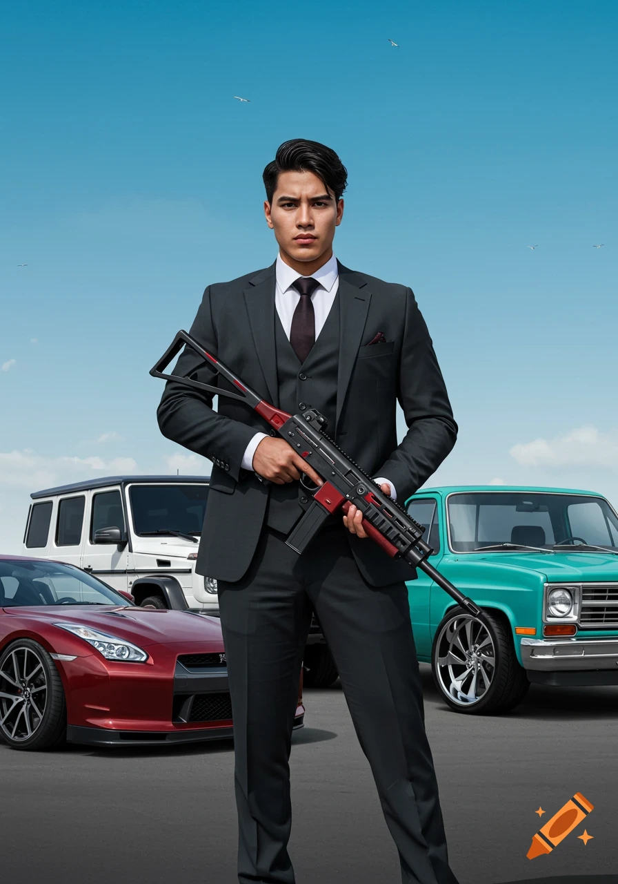 A man in a dark suit holds a red and black submachine gun, standing before luxury cars under a blue sky.